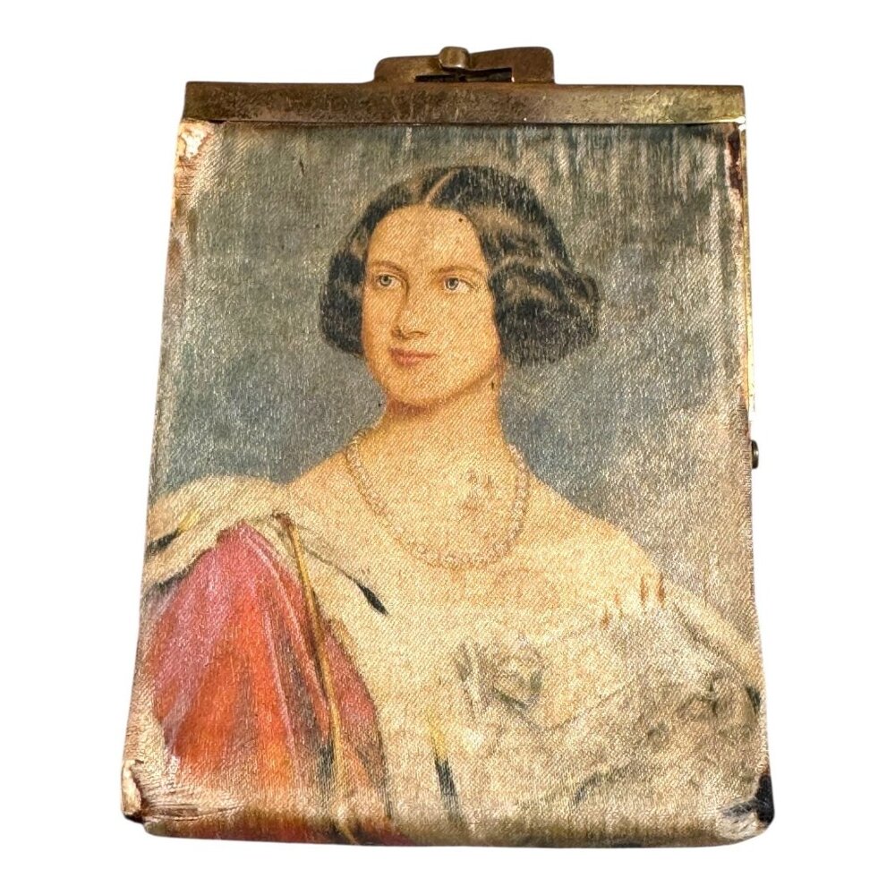 Antique Silk Coin Purse Victorian Woman Portrait & Brass Frame Kisslock READ